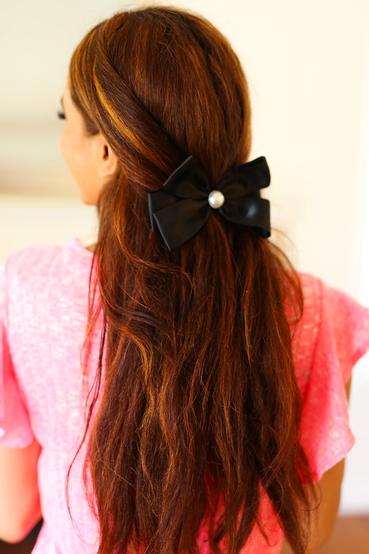 Black Satin Pearl Detail Coquette Bow