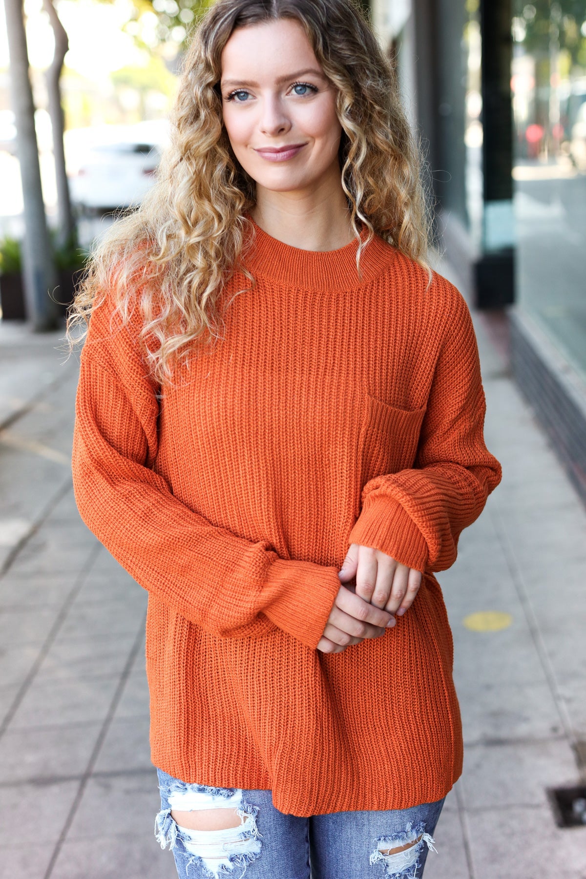 Pumpkin Spice Mock Neck Chest Pocket Knit Sweater