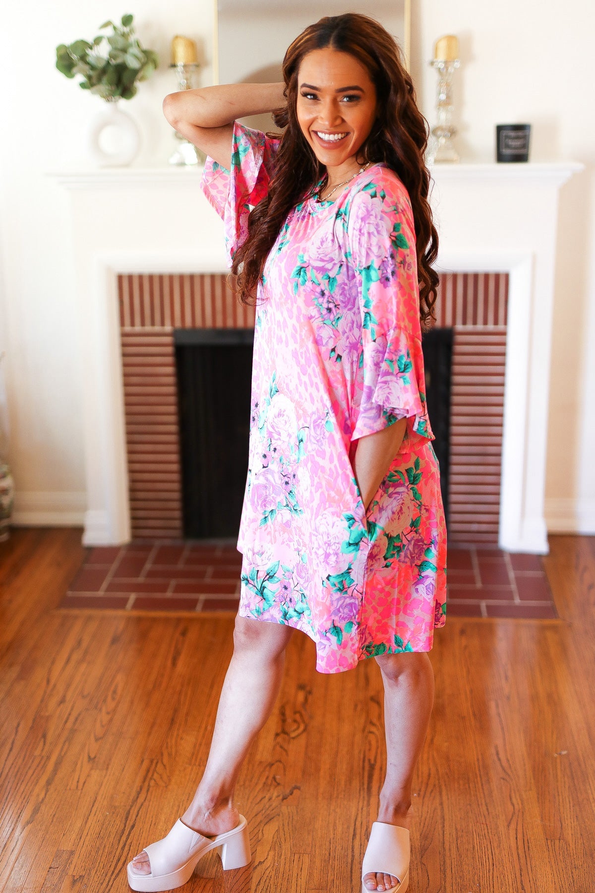 Pink Floral & Animal Print Bell Sleeve Dress