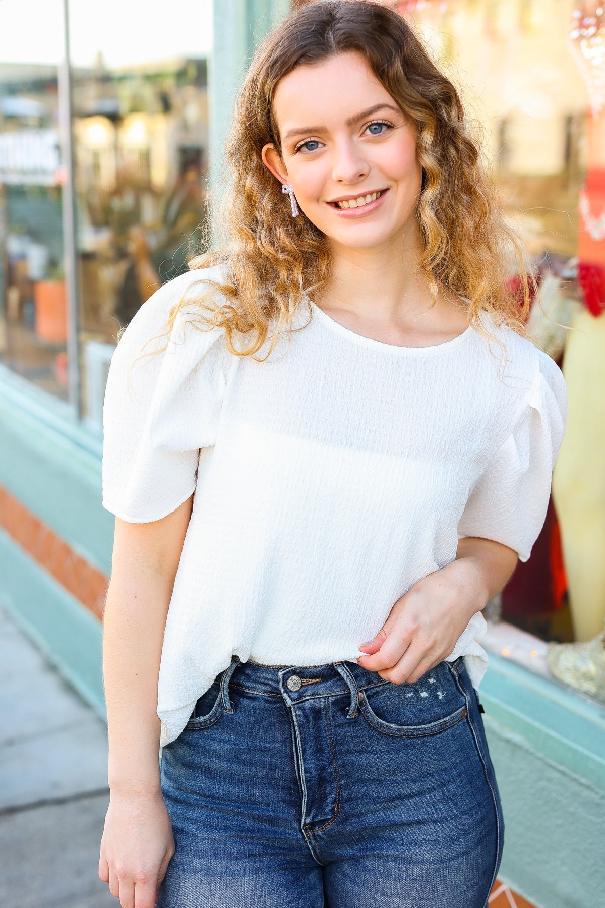 Stand Out White Crinkle Textured Woven Puff Sleeve Top