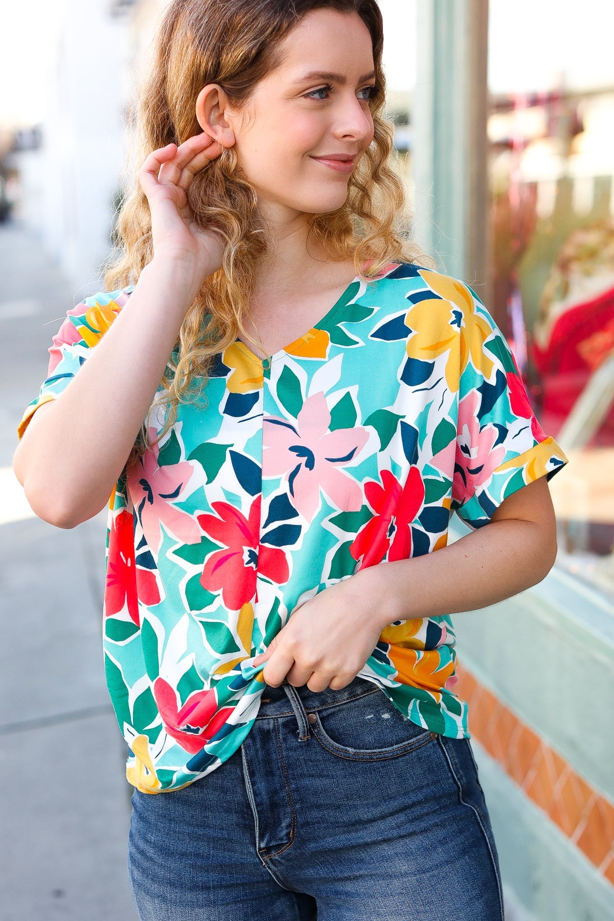 Teal & Coral Flat Floral V Neck Top