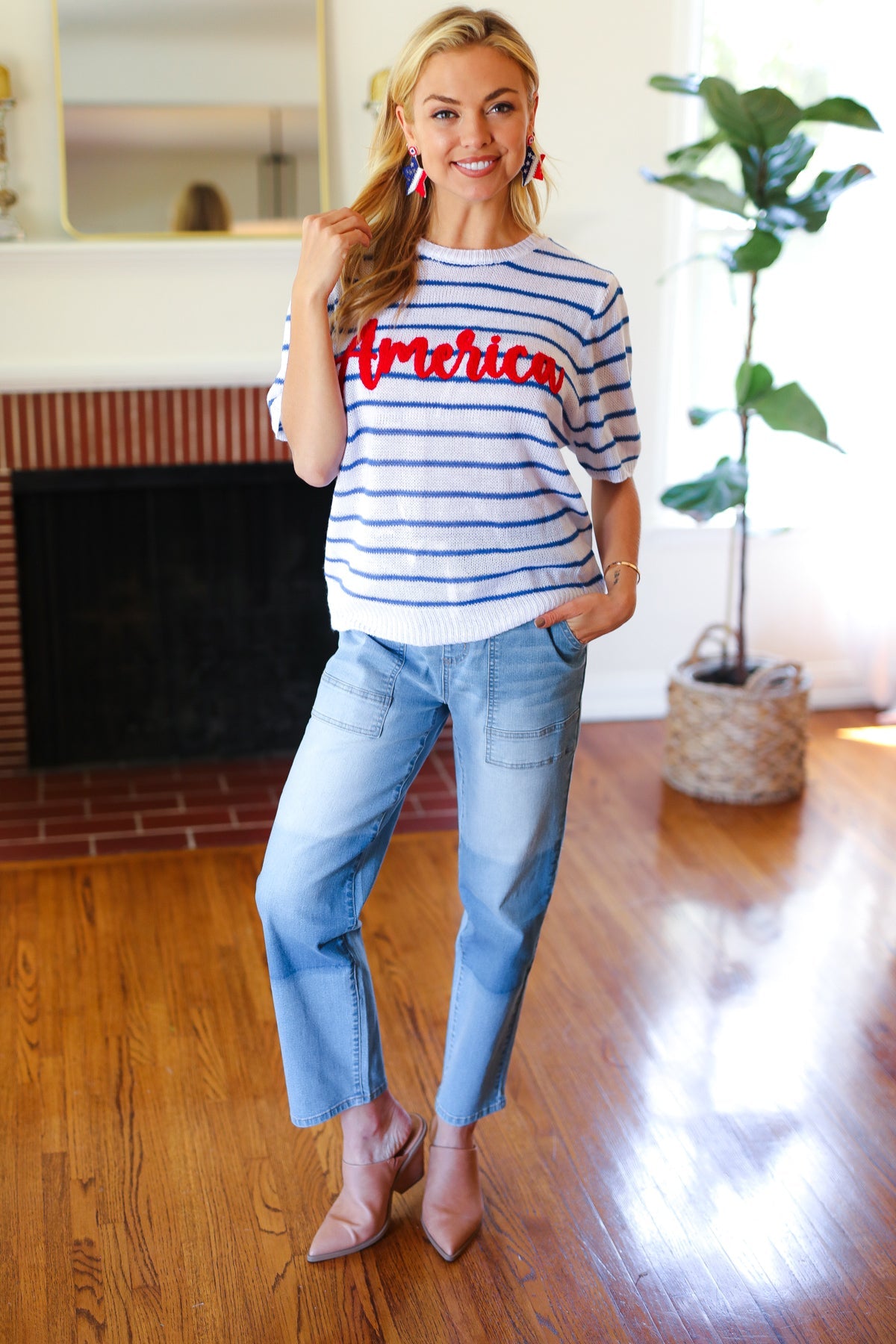 America Proud Blue Striped Embroidered Puff Sleeve Top