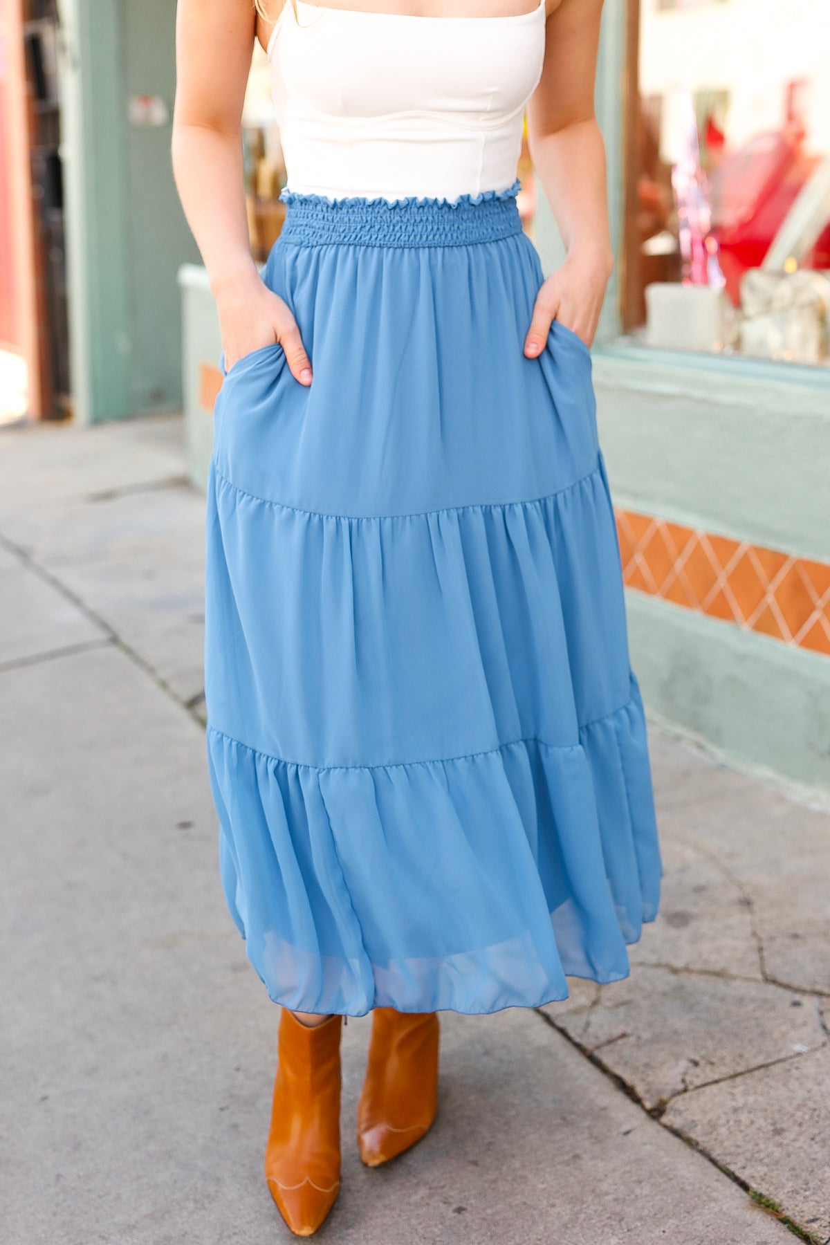 Look of Love Denim Blue Smocked Waist Tiered Chiffon Skirt