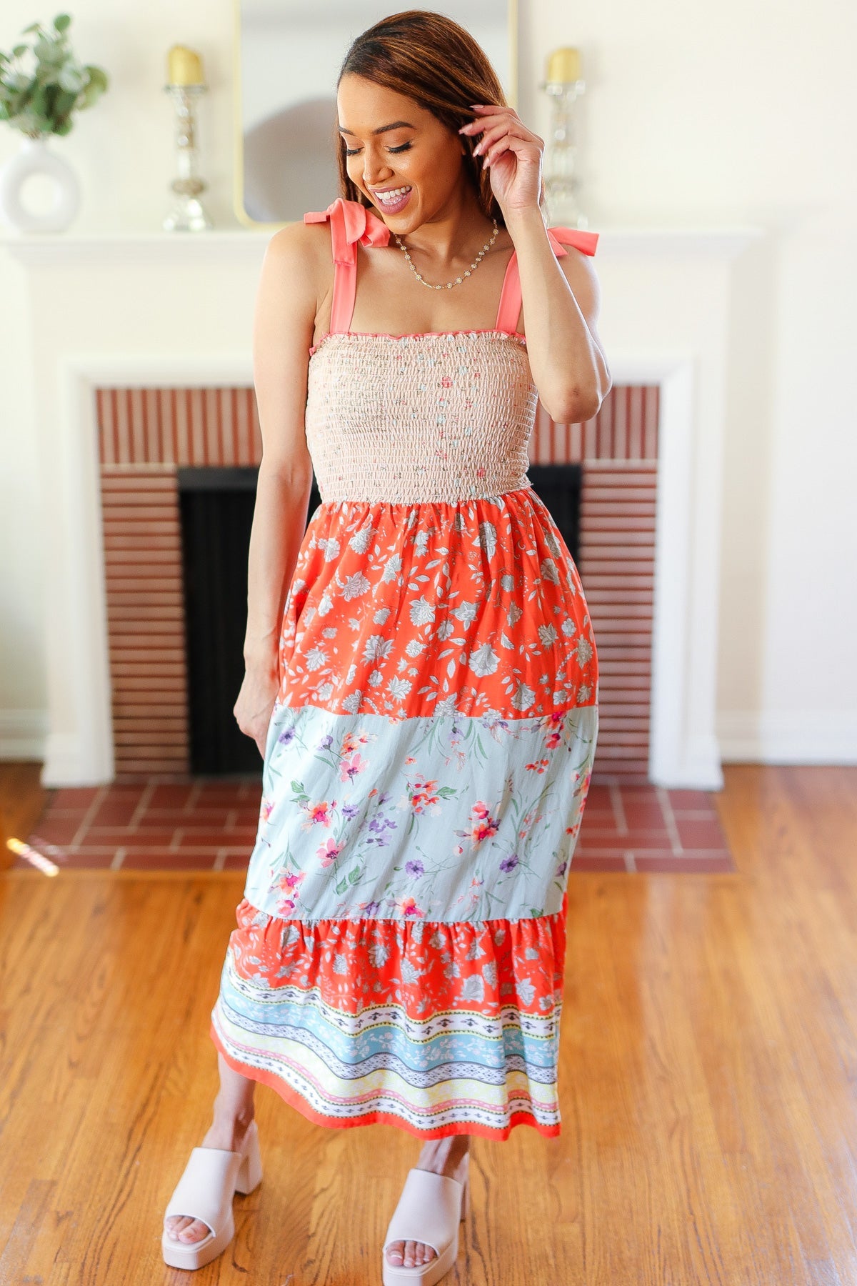 Vacay Vibes Taupe Floral Smocked Tube Top Tiered Maxi Dress