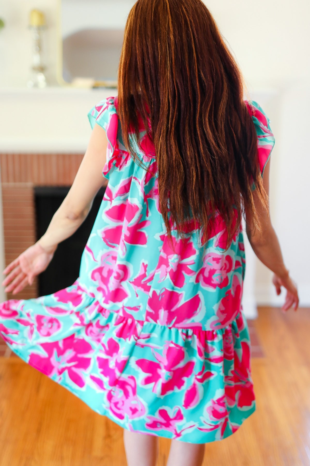 Diva Dreaming Aqua & Fuchsia Floral Print Tiered Ruffle Sleeve Dress