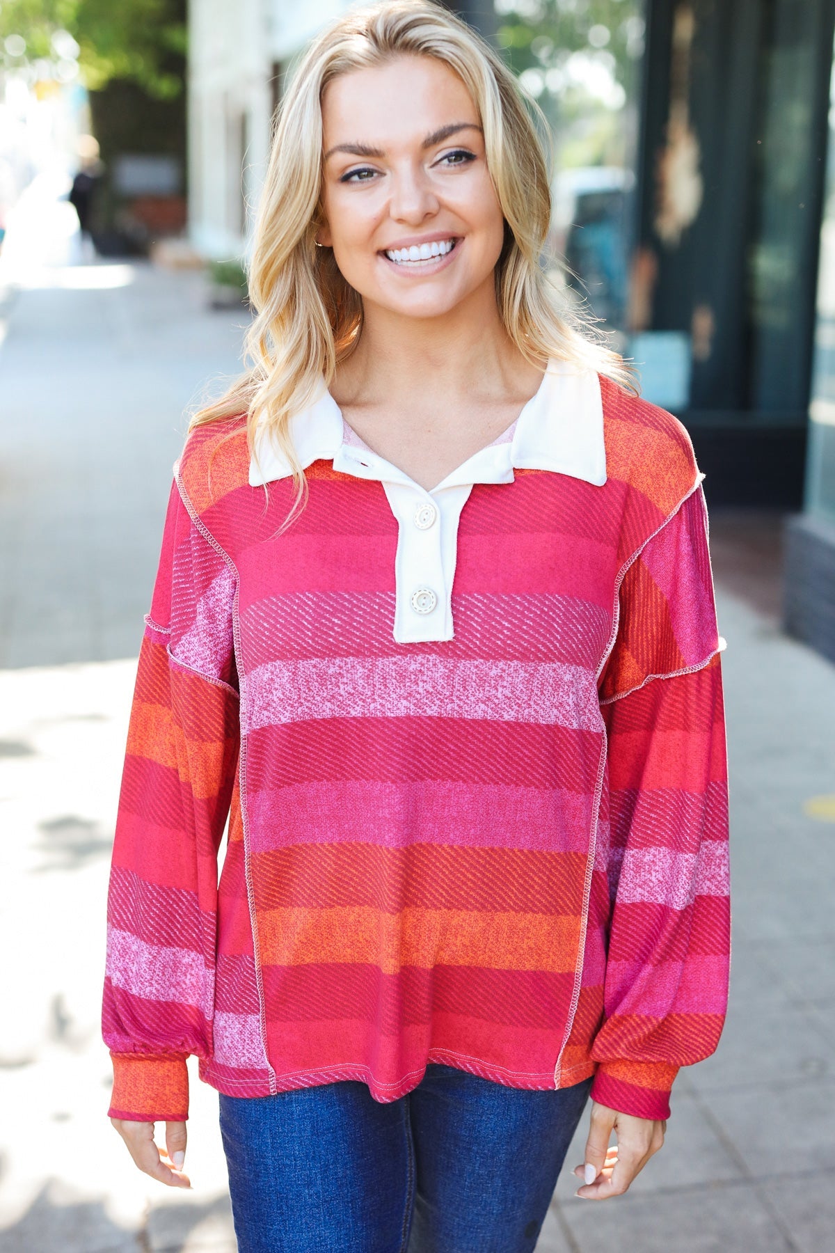 Be Bold Magenta Striped Button Down Placket Collared Top