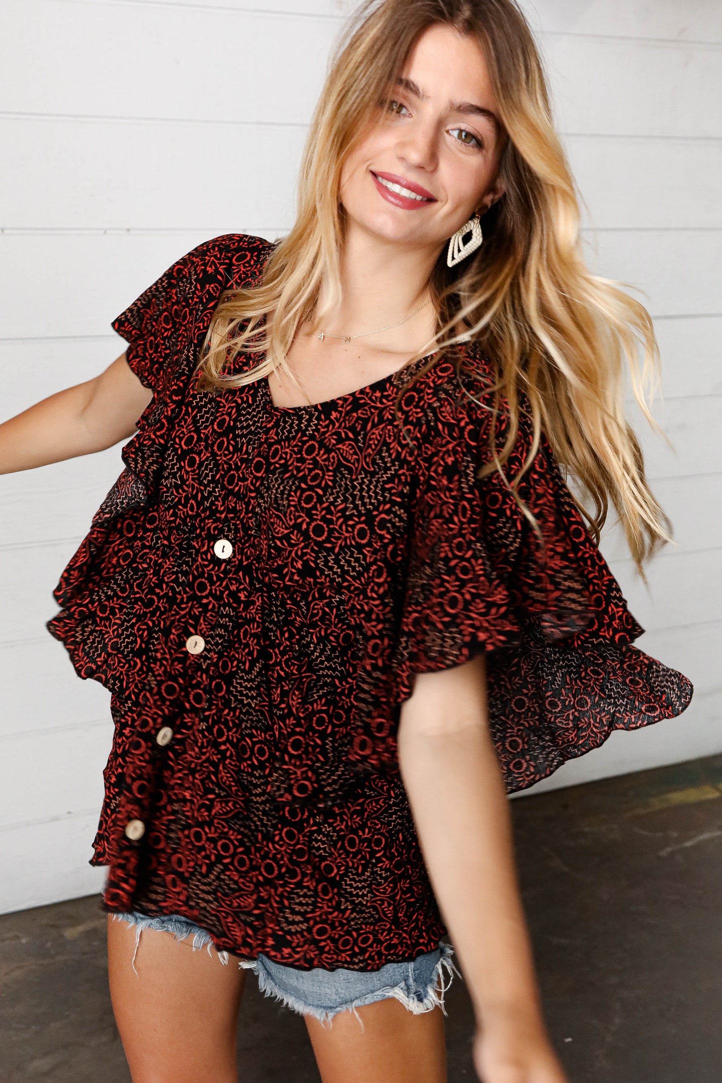 Black & Orange Boho Print Button Detail Side Ruffle Top