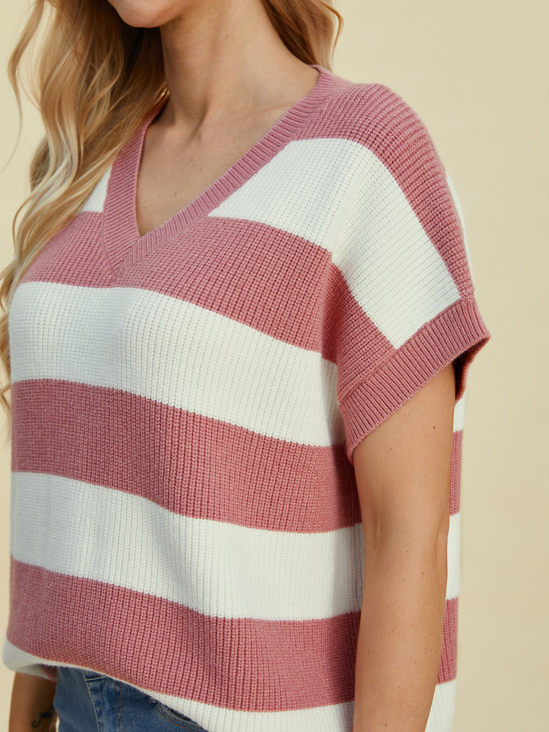 Double Take Full Size Striped V-Neck Short Sleeve Sweater