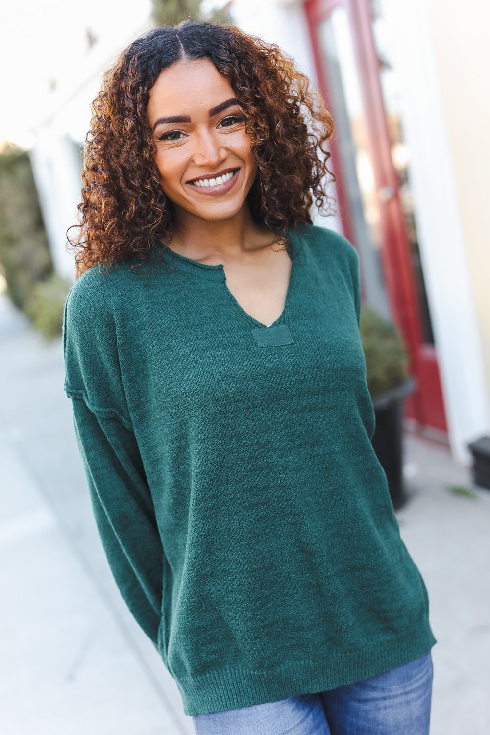 Lock Eyes Hunter Green Notched Neck With Patch Oversized Sweater