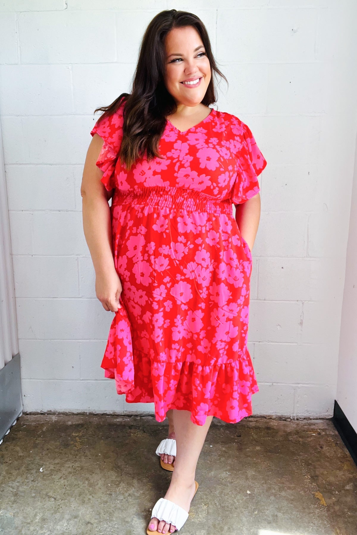 Remember Me Red & Pink Floral Print Smocked Waist Midi Dress