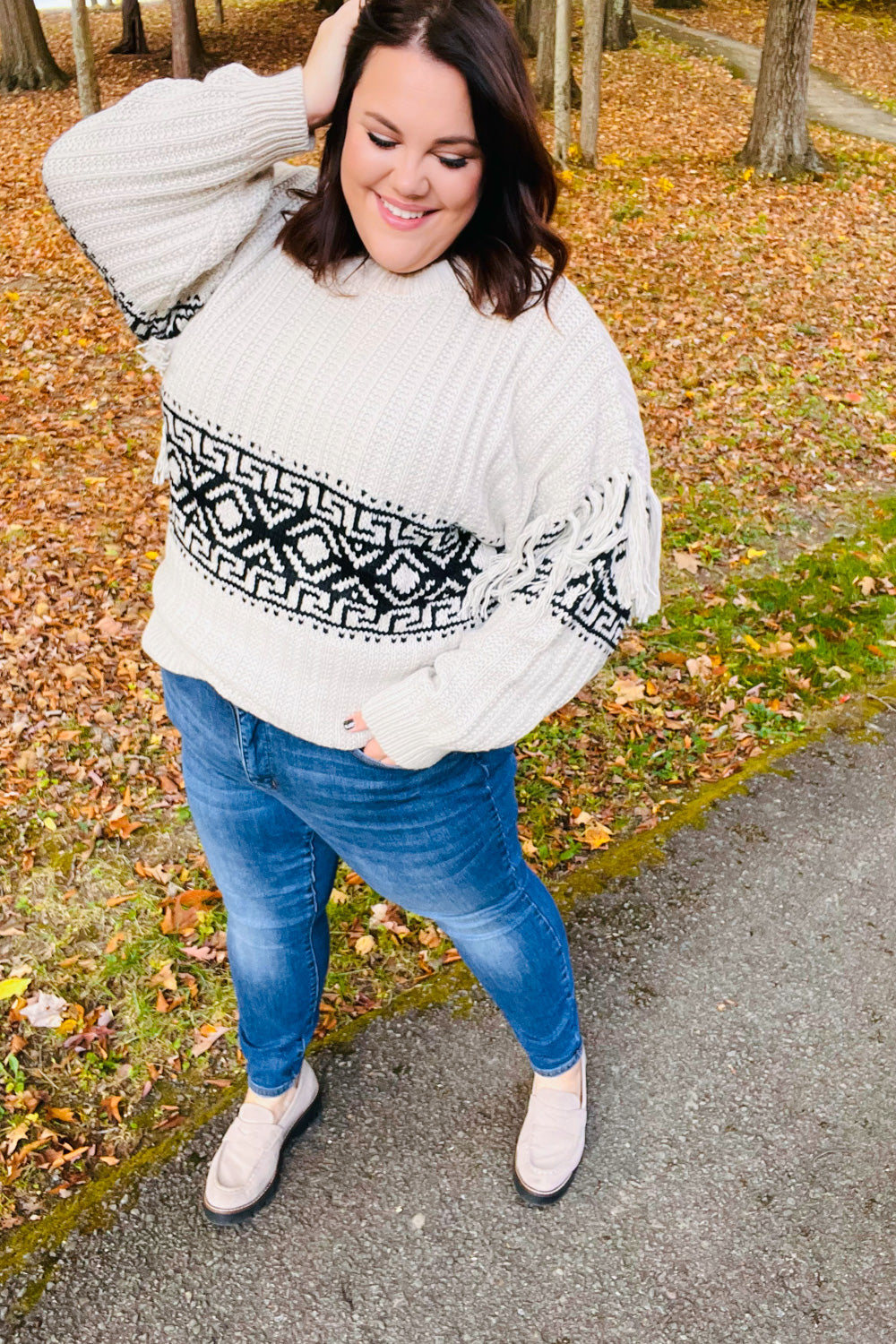 Ready For Anything Taupe & Black Tassel Aztec Sweater