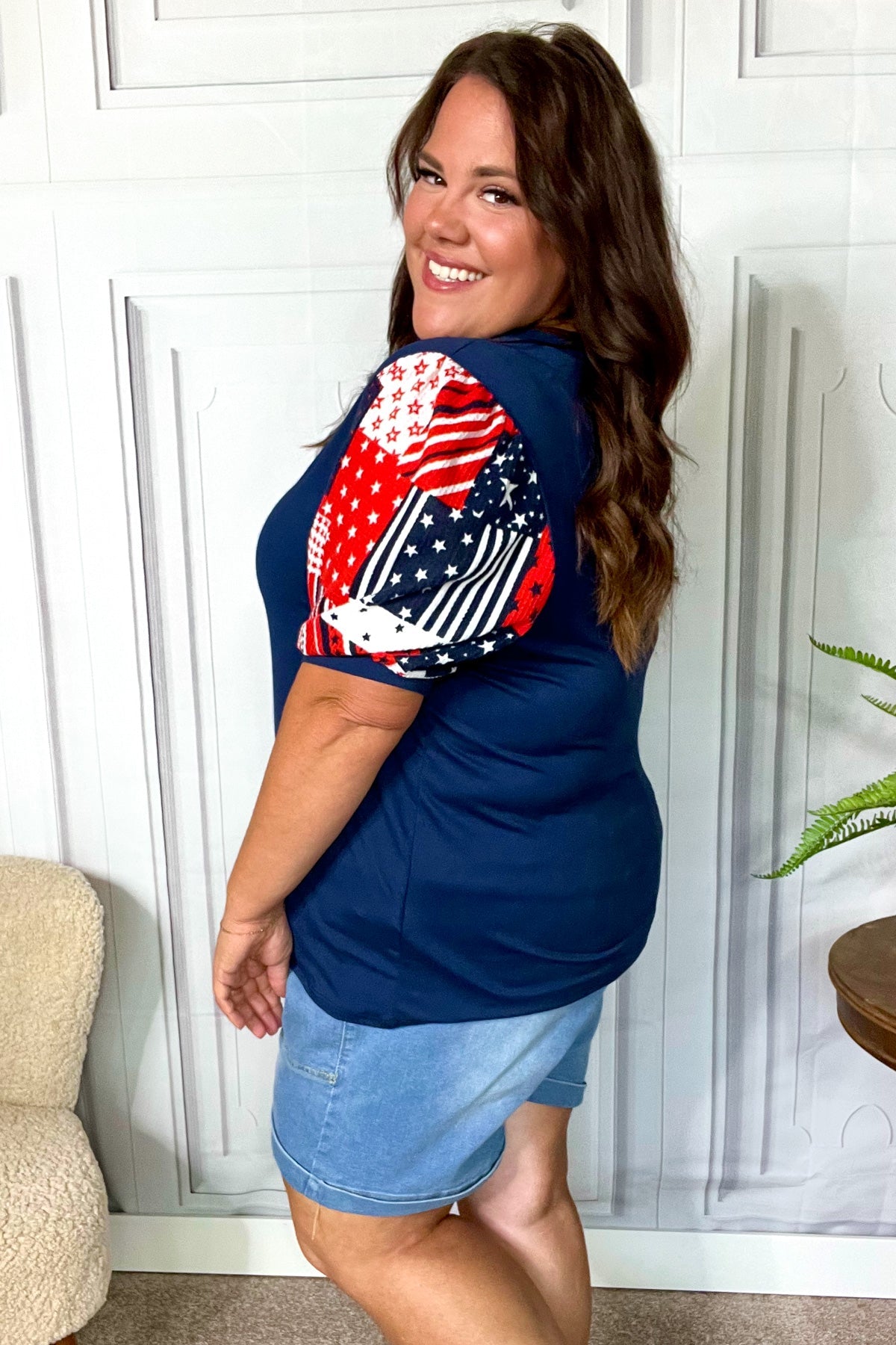 Stand-Out Navy Patriotic Patchwork Puff Sleeve Top