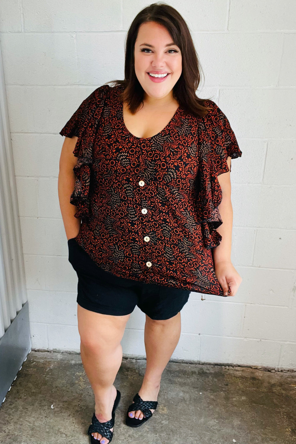 Black & Orange Boho Print Button Detail Side Ruffle Top