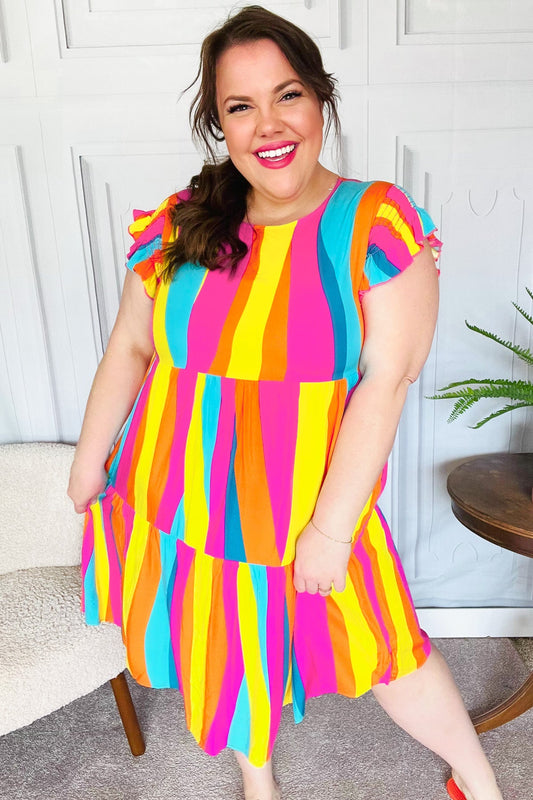 Eyes On You Multicolor Abstract Print Smocked Ruffle Sleeve Dress