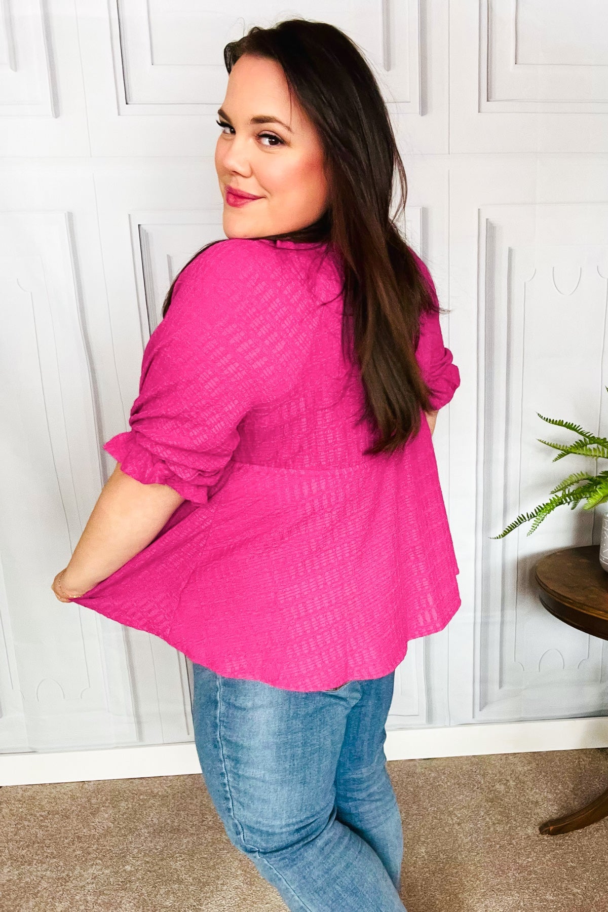 Feeling Strong Fuchsia Textured V Neck Babydoll Top