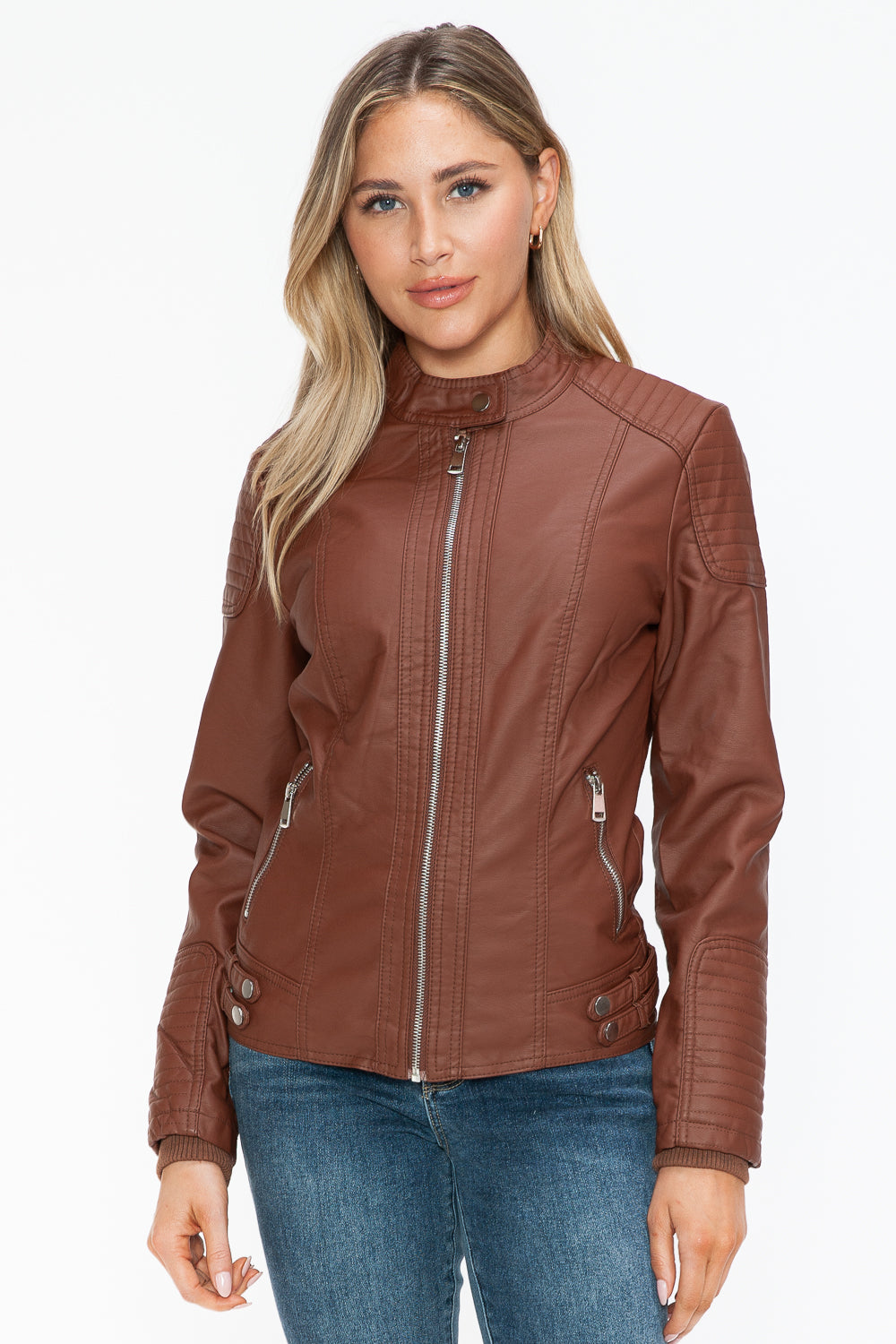 Snobbish Faux Leather Biker Jacket with Side Zip Pockets